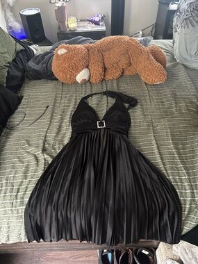 Black Halter Pleated Satin Dress with Rhinestone Buckle